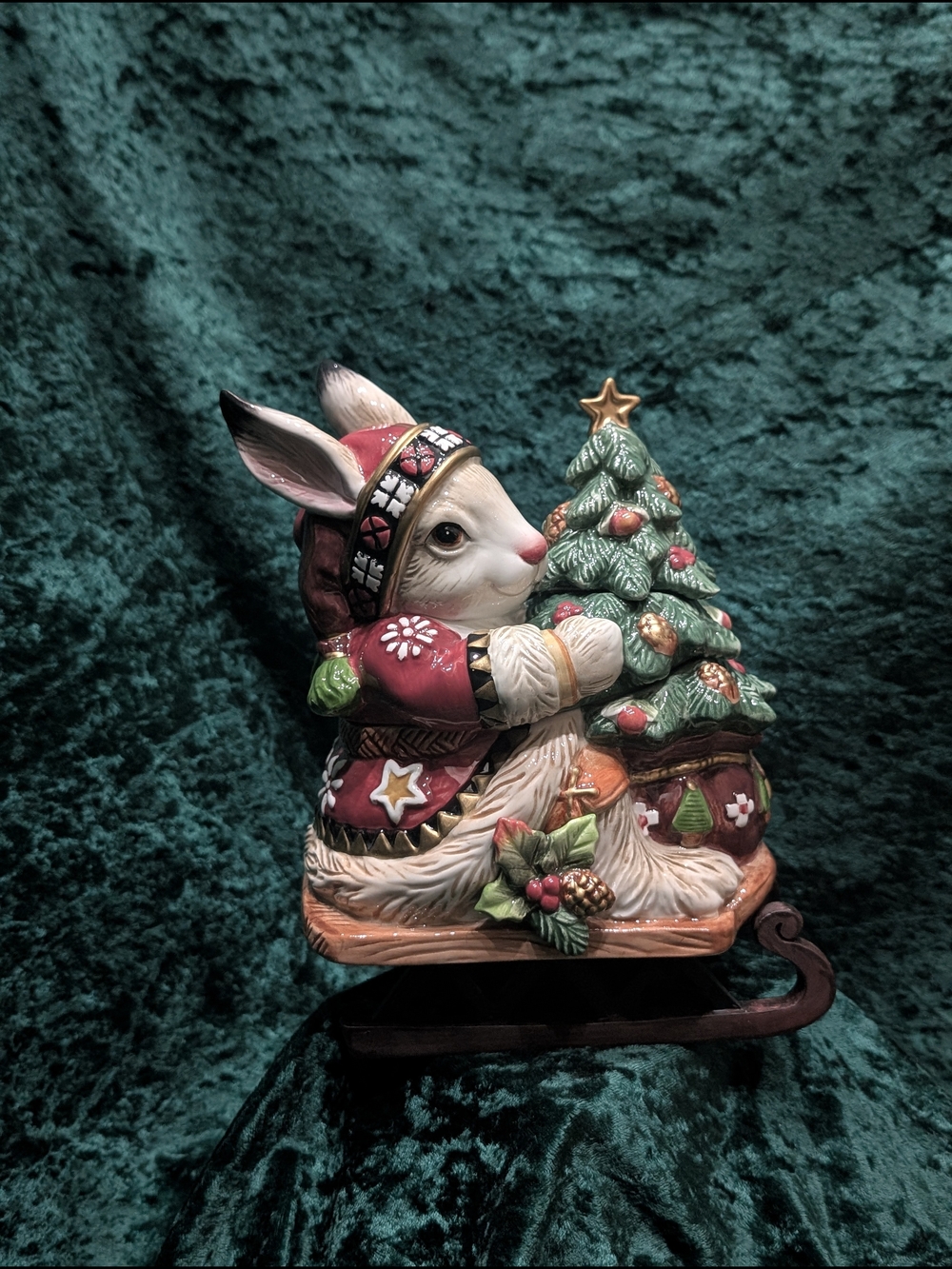 Fitz and Floyd Christmas Lodge Bunny Rabbit Candy Jar